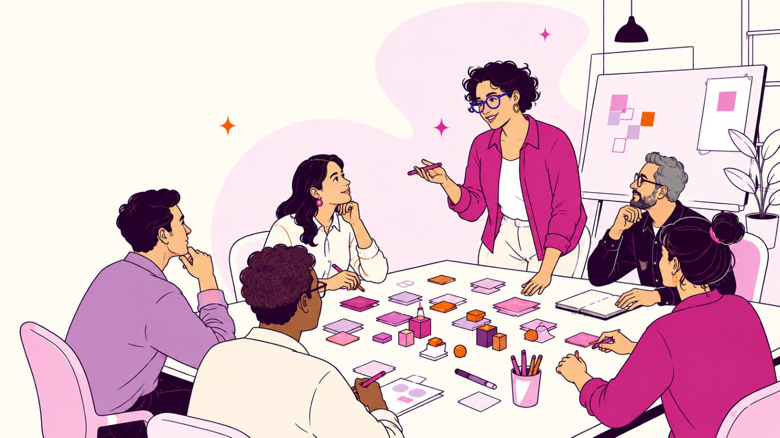Ilustración de un equipo de seis personas conversando alrededor de una mesa de trabajo con notas y bloques de colores.